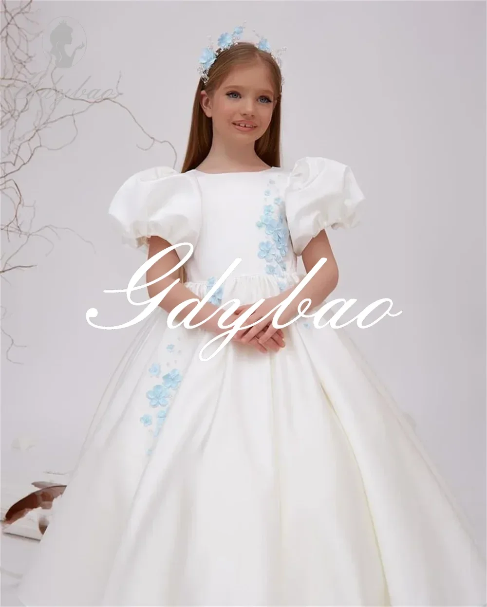 Princesa applique uma linha vestido da menina de flor manga curta até o chão trem varredura elegante formal longo bola primeira comunhão vestido