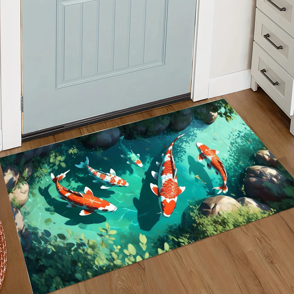 Vibrant Koi Fish Pond Pattern Door Mat Realistic Koi Carp with Lotus Leaves Rockery Design Floor Mat for Home Entrance Decor