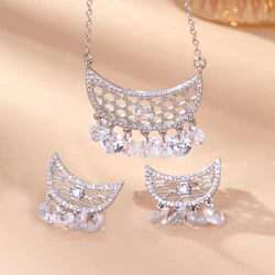Luxury Brilliant Zircon Hollow Geometric Necklace Earrings Women Dubai Nigeria CZ Crystal Bridal Wedding Jewelry Set Accessories