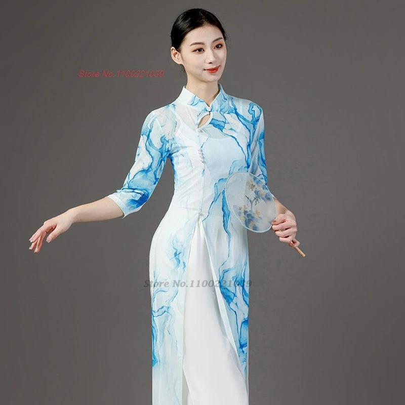 2025 فستان صيني تقليدي زي رقص شعبي عتيق أداء المسرح فستان تشيباو شبكي + بنطلون فستان رقص شرقي عتيق