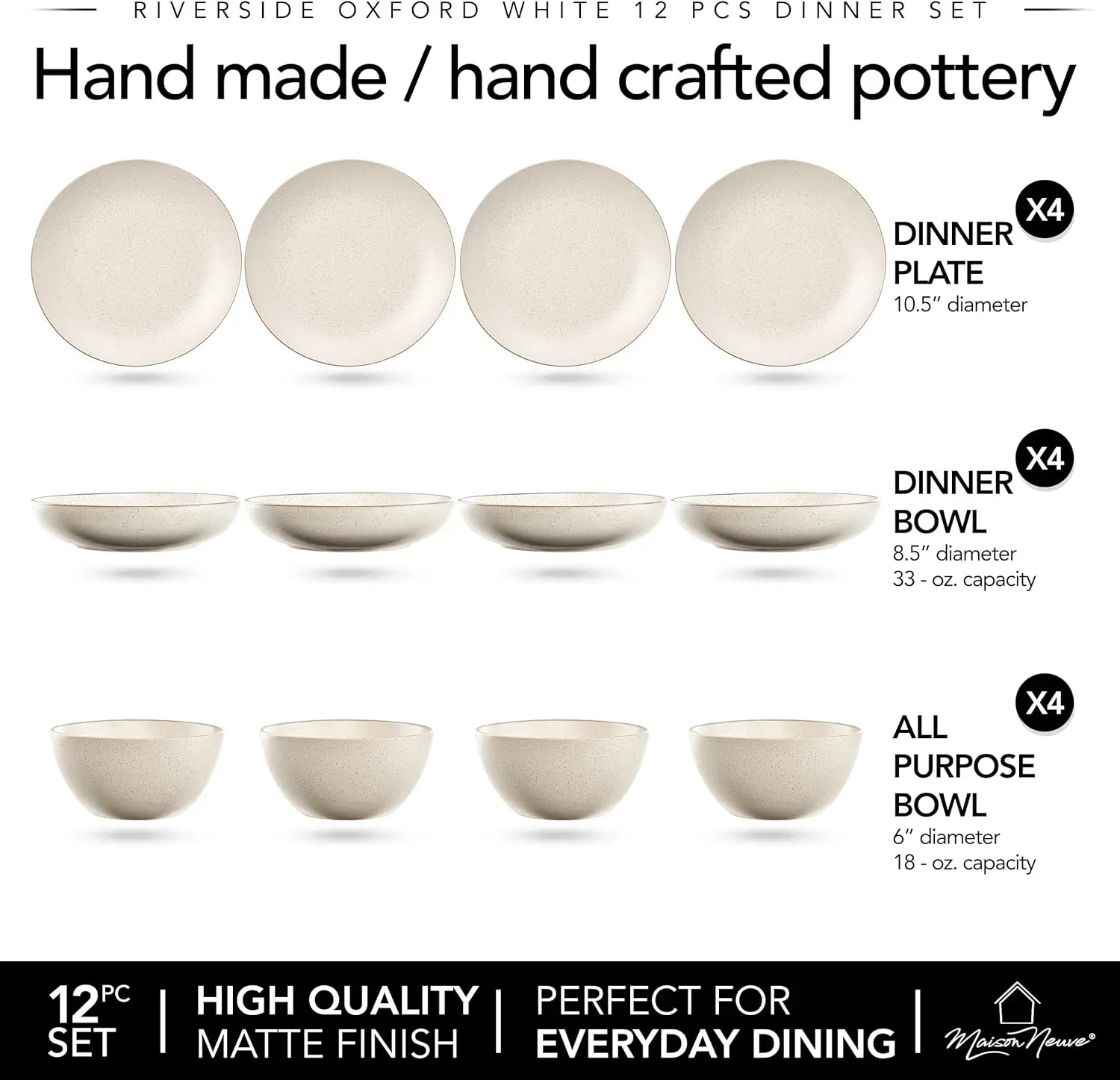 12-Piece Dinnerware Set for 4 - Hand Crafted Plates and Bowls Dish Set, Microwave & Dishwasher Safe Dishware - Oxford White