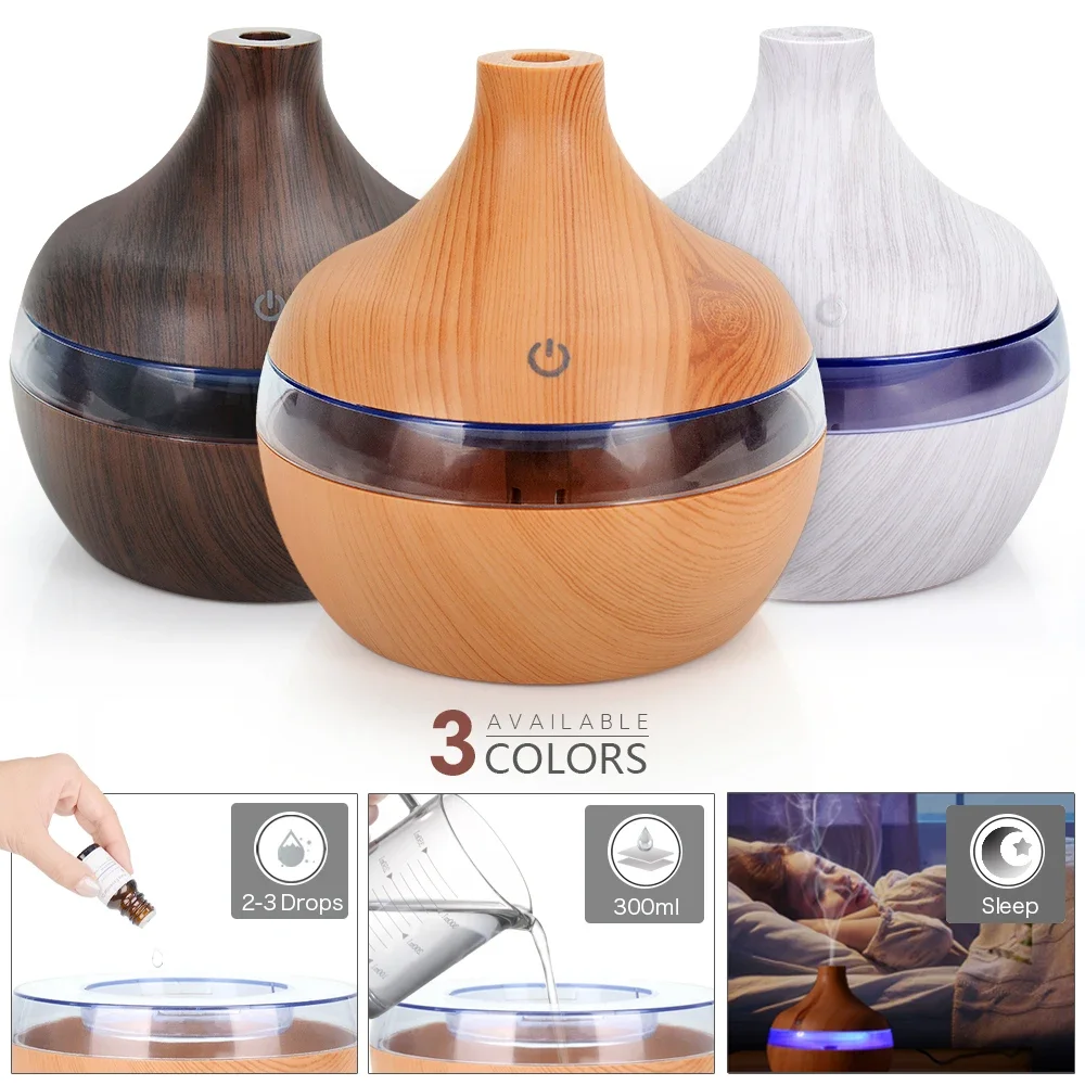 300ML USB Air Humidifier Electric Aroma Diffuser Wood Grain Oil Aromatherapy LED Light Car Home Office Humificador lluvia Smell