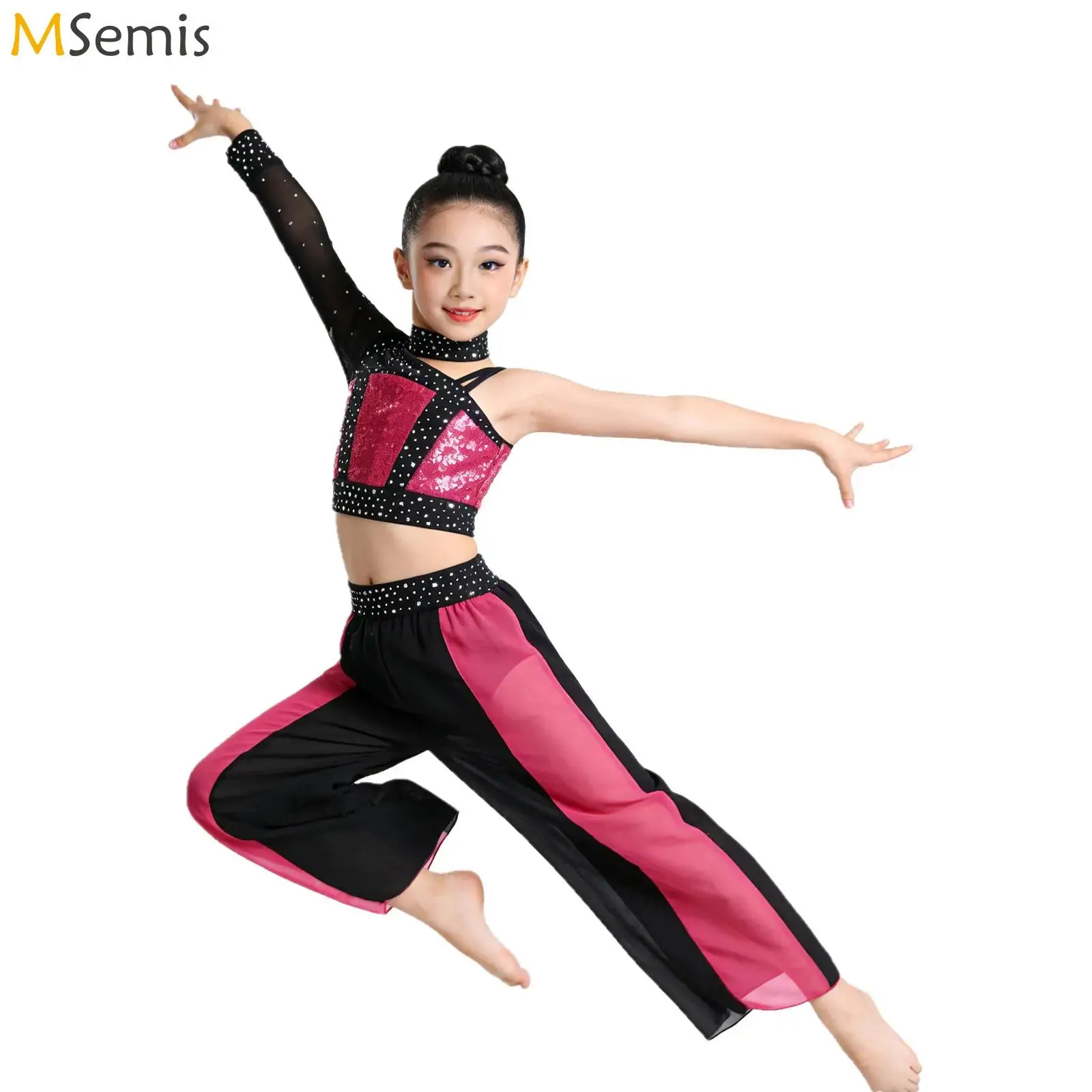 

Детский блестящий костюм для джазовых и лирических танцев для девочек: комплект из двух предметов с длинным рукавом, укороченный топ и струящиеся брюки с разрезами для выступлений в стиле хип-хоп