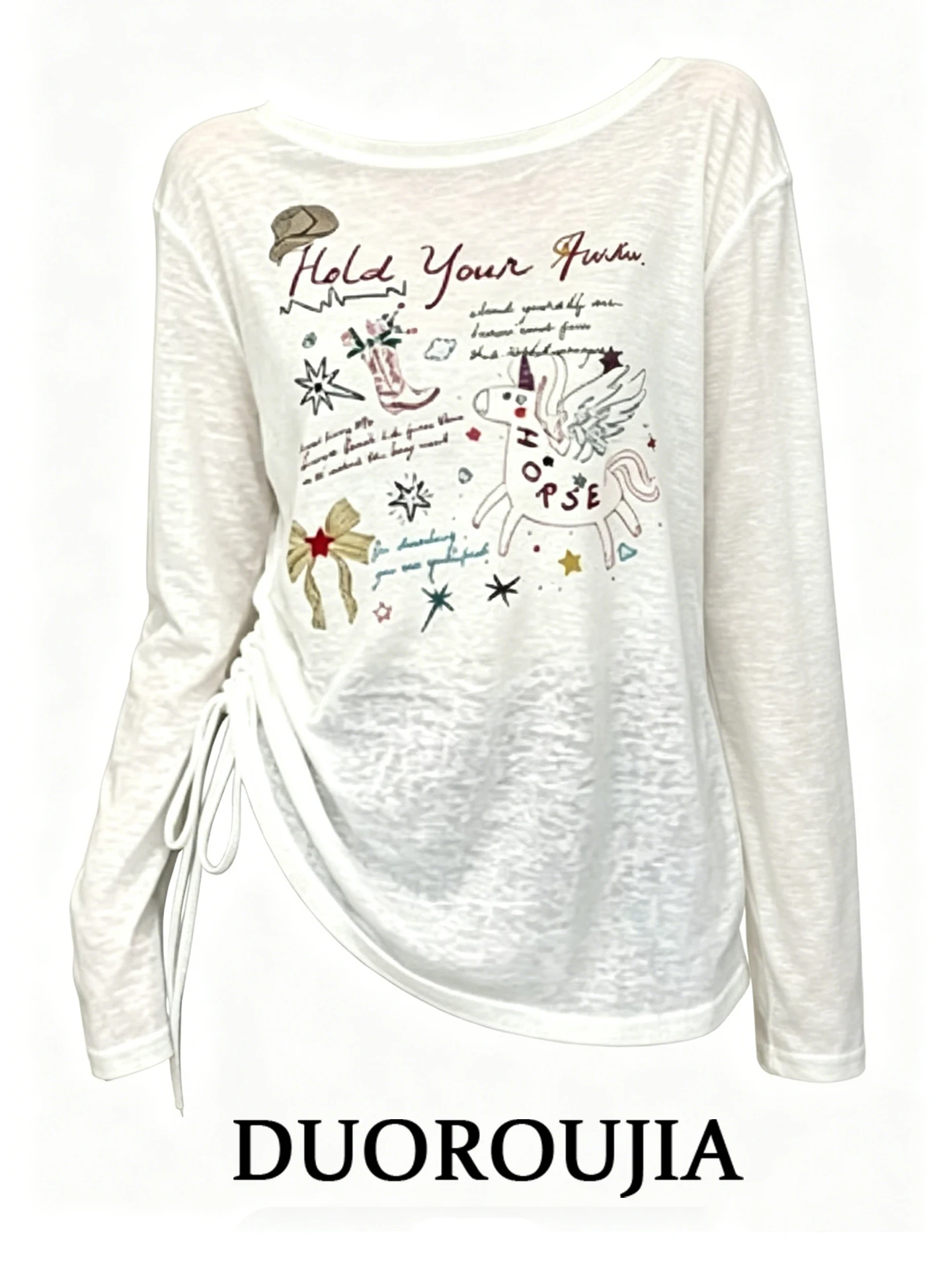 

DUOR plus Size Graphic Print T-Shirt Women's Summer Casual Long Sleeve Sun Protection Top High Waist Slimming Design