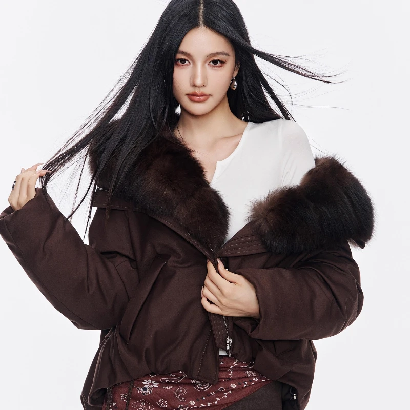 YOLANFAIRY秋冬輸入セーブルフォックスファー襟90グースダウンジャケット通勤スタイルファーダウンコート куртка женская 2025