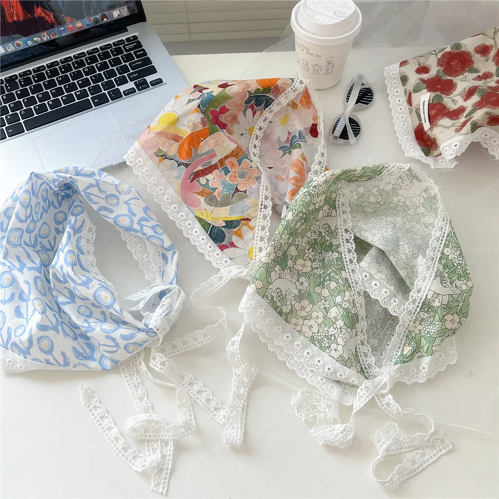 

Linen Cotton Lace Triangle Scarf For Girl Floral Sunscreen Headscarf Small Shawls Ladies Hair Scarf Headband Office Neckerchief