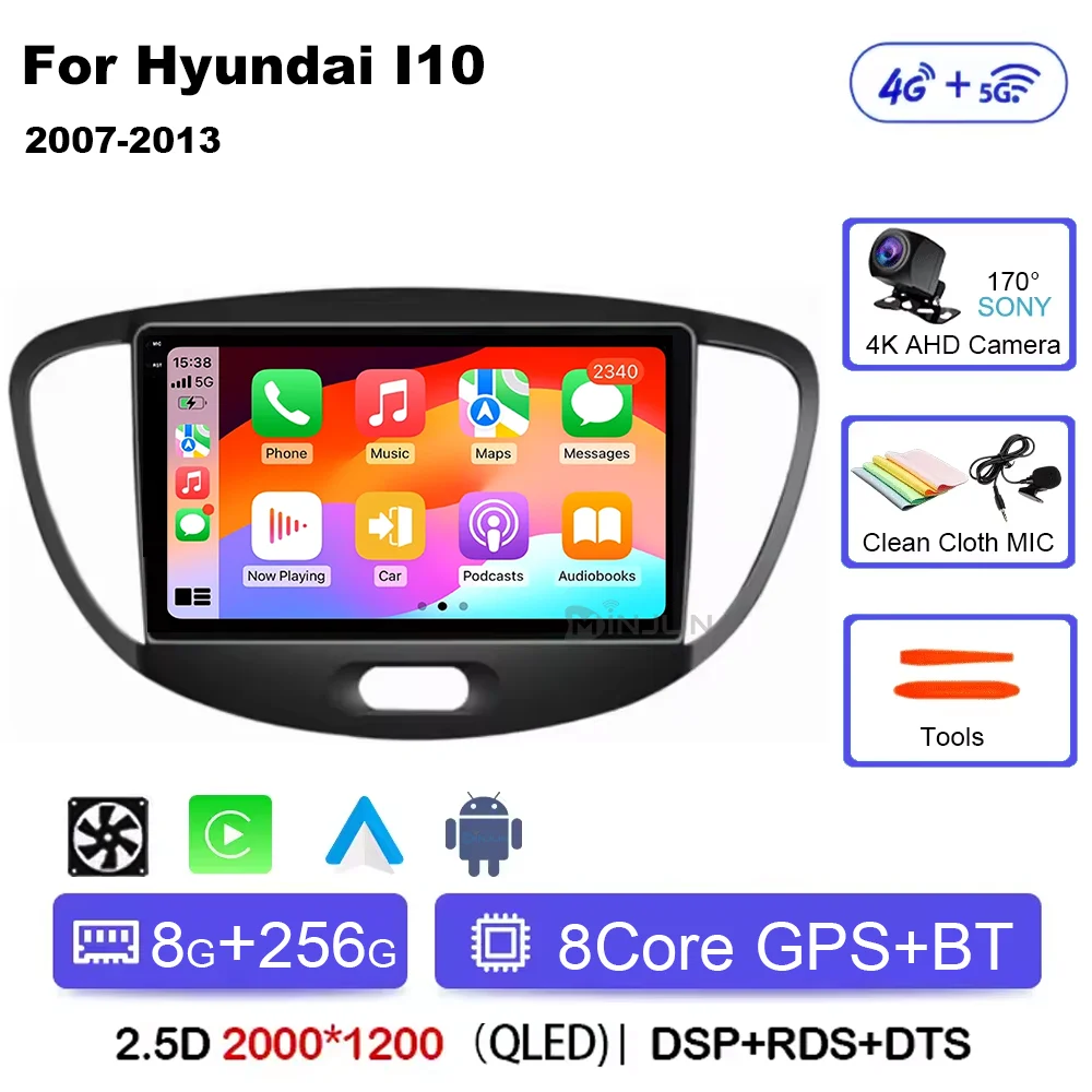 Android 15 CarPlay Auto Qualcomm Autoradio Voor Hyundai i10 2007 2008 2009 2010 2011 2012 2013 GPS Multimedia Speler stereo