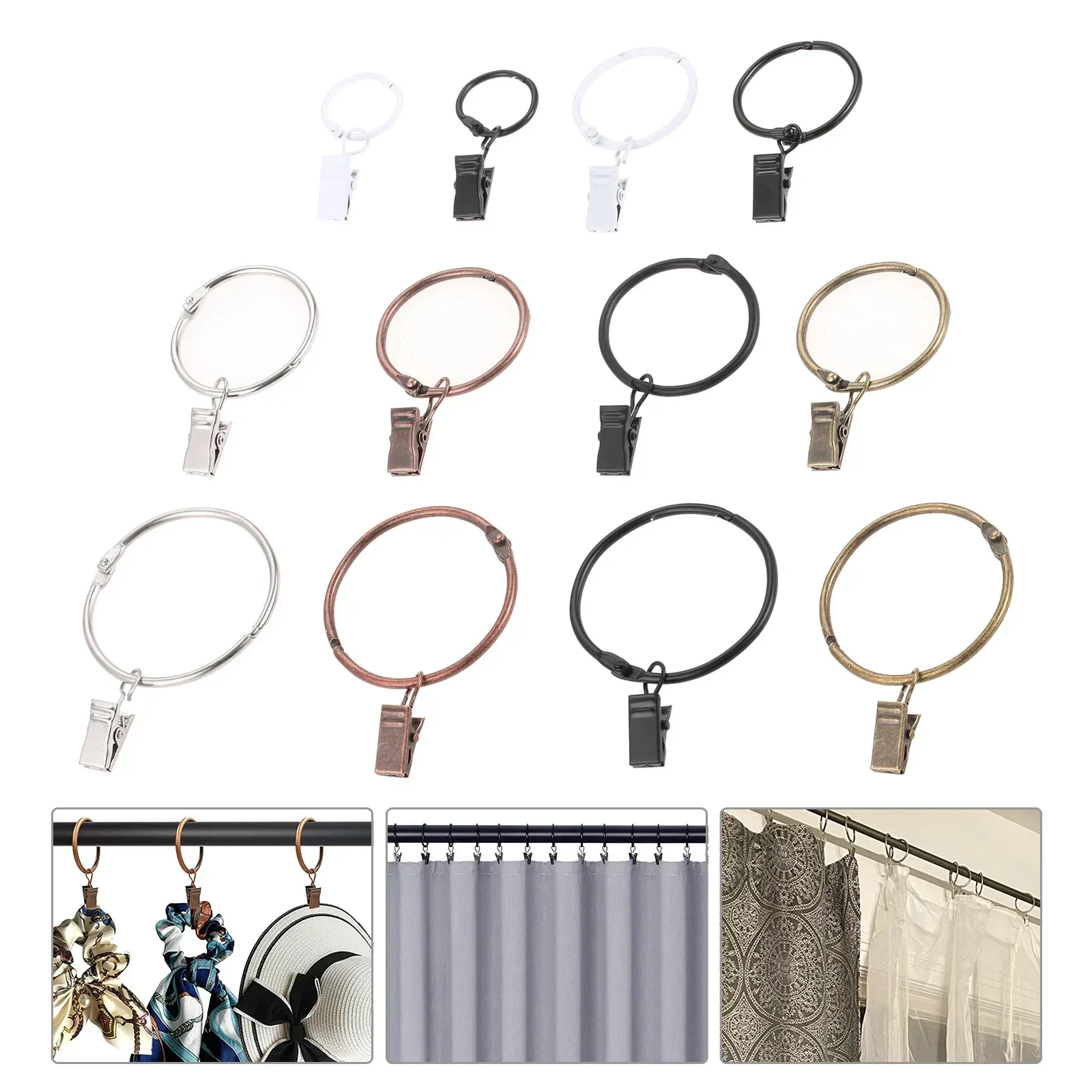 10pcs Metal Curtain Rings with Clips Bathroom Shower Curtain Rod Rings Clamps Hotel Drapery Clips Home Window Decoration 4 Sizes