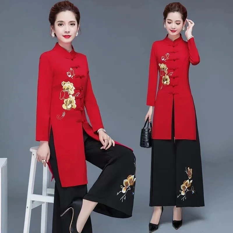 Ethnic Style Modified Cheongsam set for 2025 Spring and Autumn With a Sense of Falling Wide leg Pants Mom's Retro Two-Piece Set
