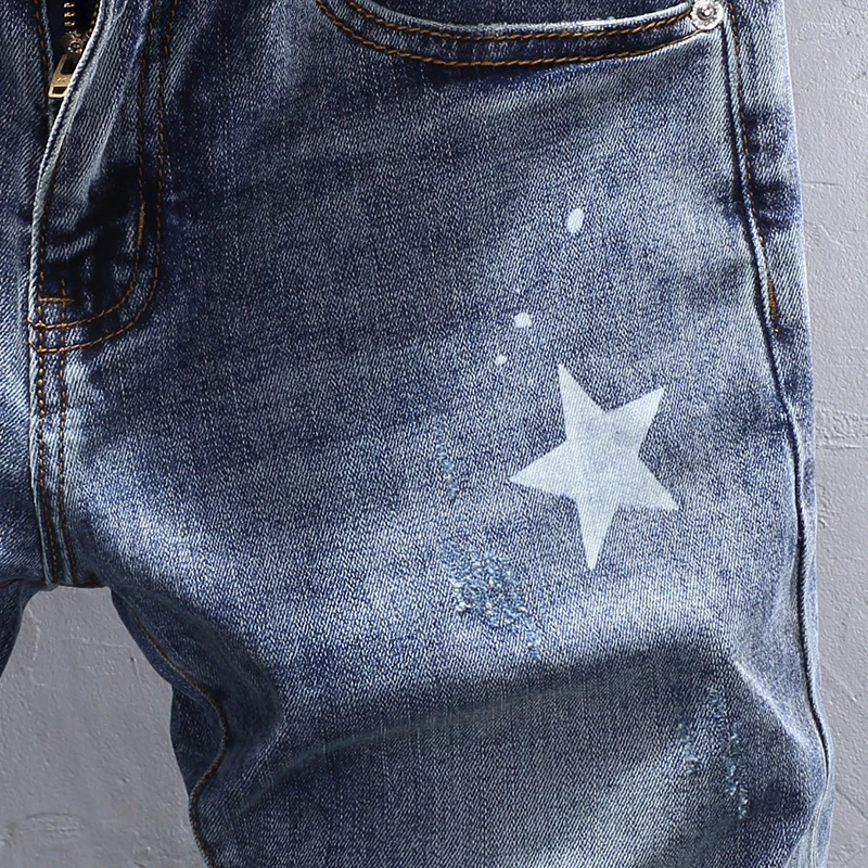 High Street Fashion Designer Men Jeans Retro Light Blue Stretch Slim Fit Ripped Jeans Men Y2K Hip Hop Vintage Denim Pants Hombre