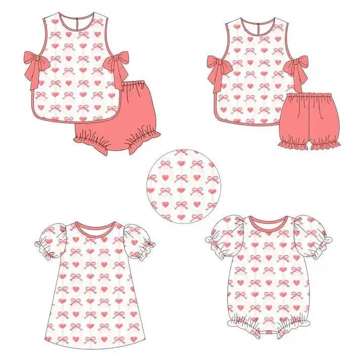 

Valentine's Day Girls Collection New Boutique Children Set Sleeveless Bow Love Print Shorts Elastic Girls Set Baby romper dress