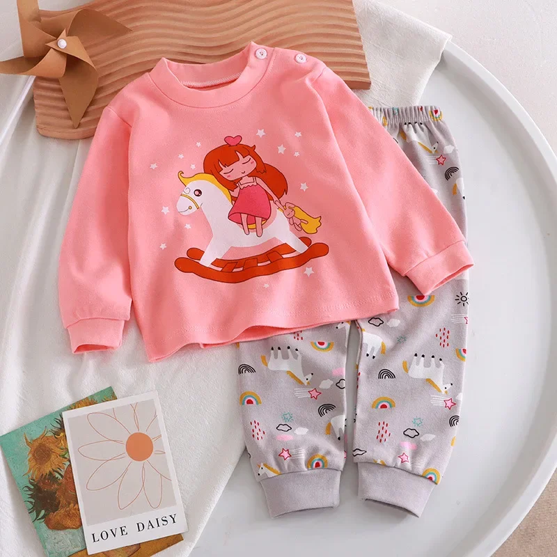 Pijamas de dibujos animados para niños y niñas, camiseta de manga larga, Tops con pantalones, conjuntos de ropa de dormir para bebés, Otoño, 2024