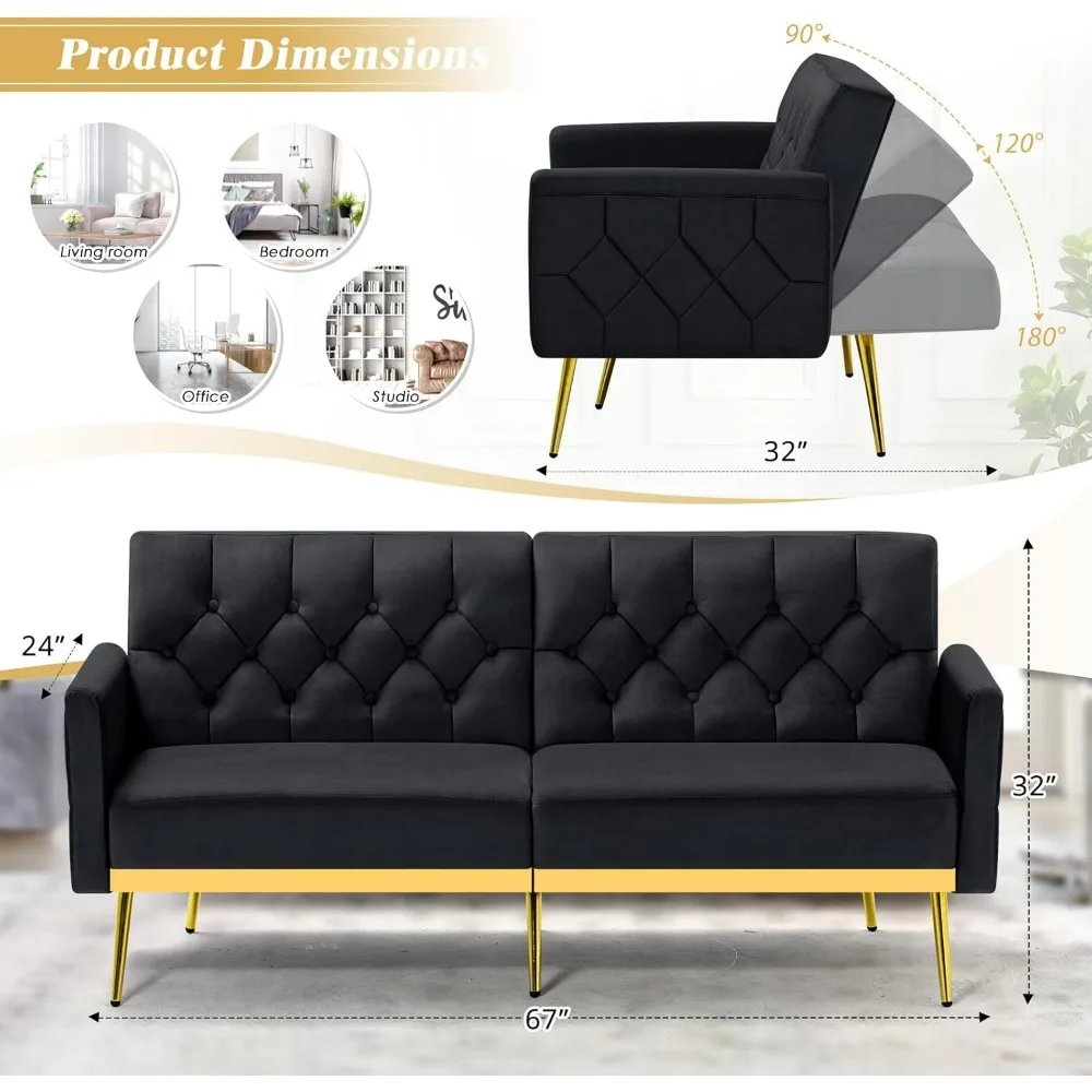 Velvet Sofa Bed, Adjustable Armrests and Backrests, Modern Convertible Sleeper Sofa, Tufted Futon Sofa for Bedroom, Living Room