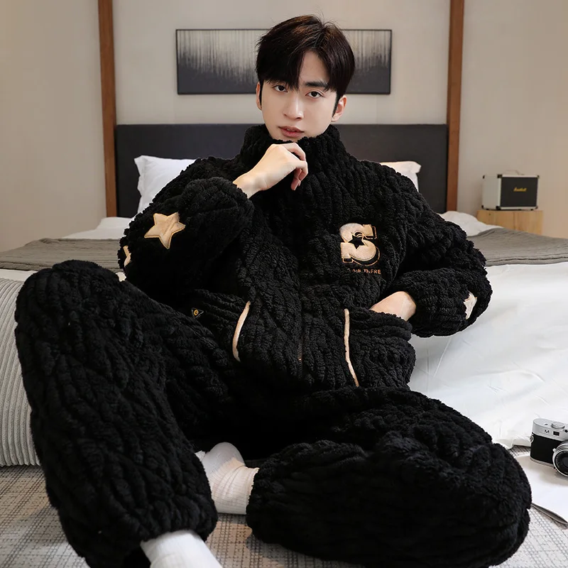 Zipper Winter Warm Nightwear for Men Thicked Flannel Home Clothes Black Color Coral Fleece Pajamas Set Young Boy Loungewear