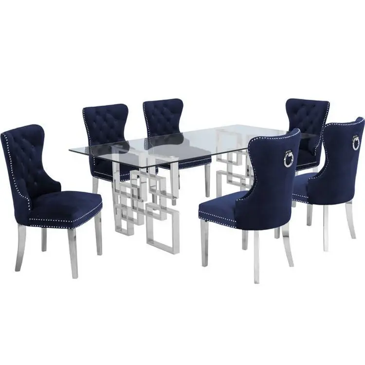 Deluxe showroom furniture dining table set transparent fiberglass living room stainless steel furniture dining table with chairs