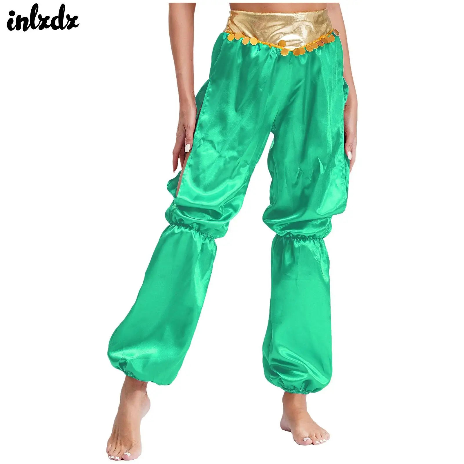 

Women Belly Dance Bloomers Halloween Arabian Princess Cosplay Costume Metallic Ruched Waistband Gold Circles Side Split Pants