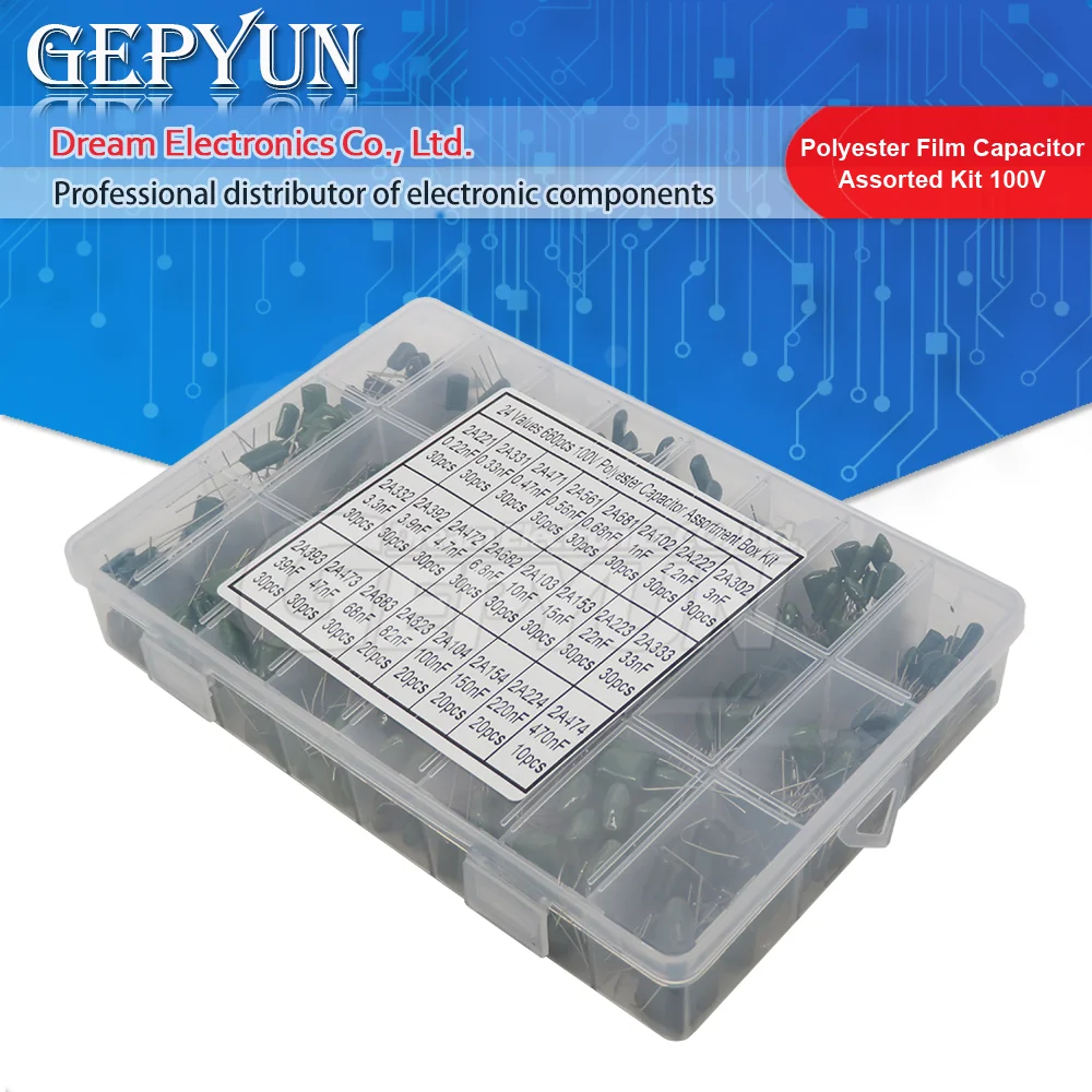 660pcs/lot 24Value Capacitor kit 100V 2A221J to 2A474J Polyester Film Capacitor Assorted Kit 0.47nF 0.68nF 1nF 2.2nF Capacitors