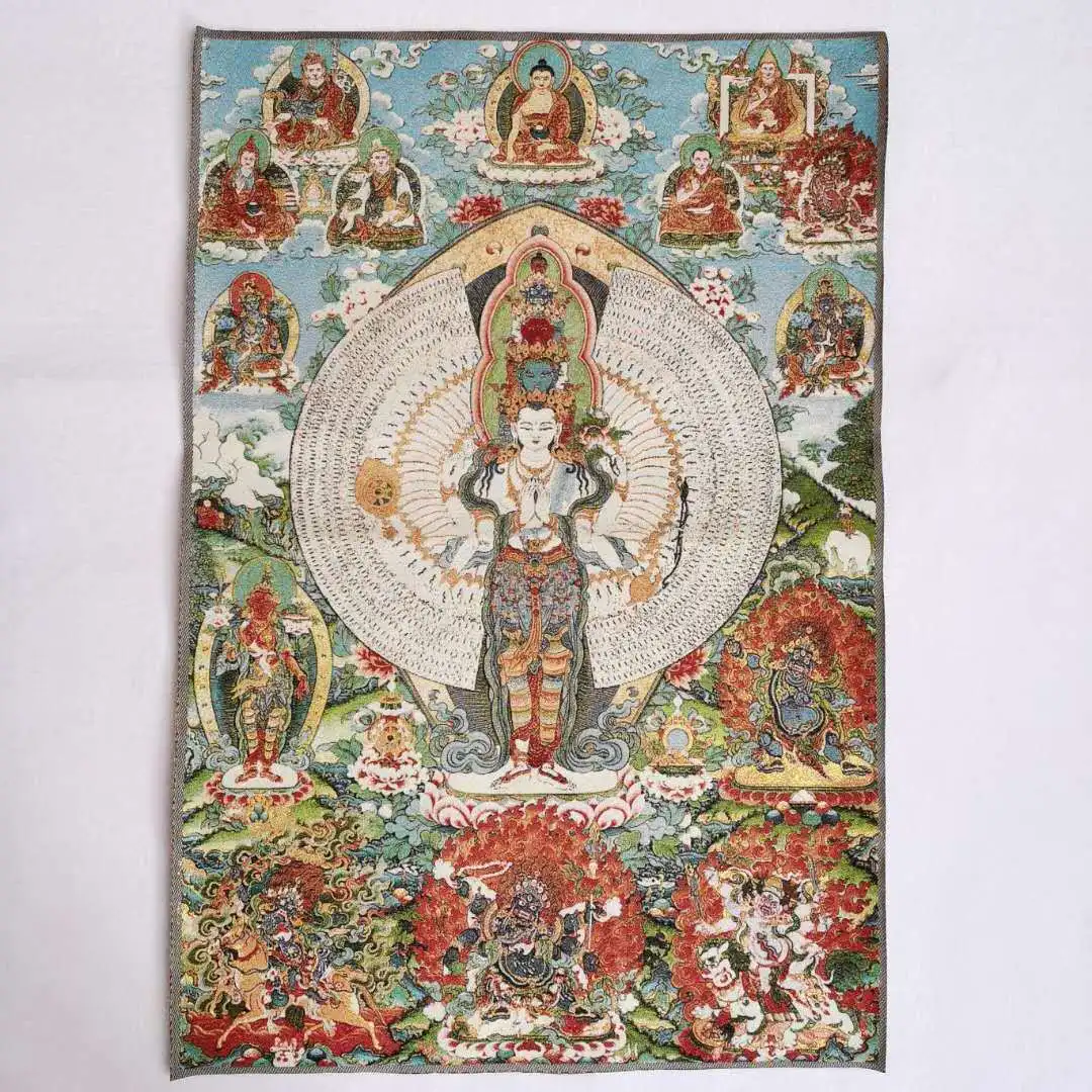 36 Inch Tibetan Silk Avalokiteshvara Kwan-yin 1000 Arms Tangka Thangka Buddhist Artwork Wall Hanging Decor for Home Decor