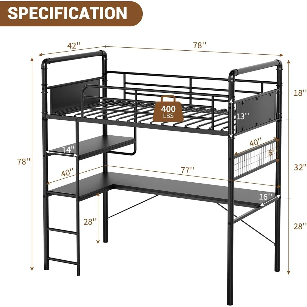 سرير علوي بطابقين من Garveehome مع مكتب على شكل حرف L، سرير علوي مزدوج مع مكتب أسفل، أسرة معدنية بطابقين مع درابزين عالي وسلم fo #2