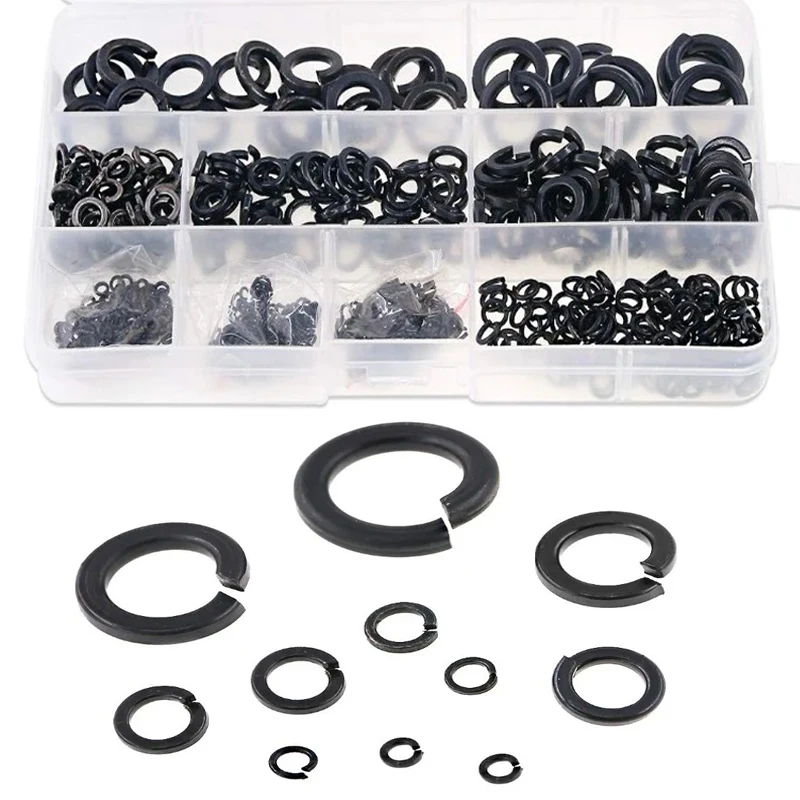 760pcs Spring Split Lock Washer Elastic Gasket M2 M2.5 M3 M4 M5 M6 M8 M10 M12 Kit Black Spring Lock Washer Assortment