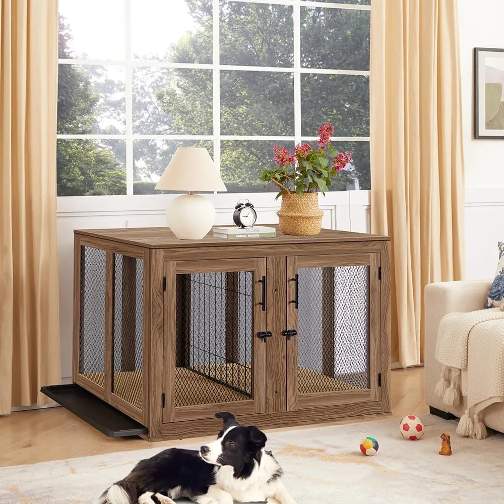 XL Furniture Dog Crate for Large Dogs with Tray and Divider, Extra Large Indoor Aesthetic Kennel Pet House Dog Cage for 2 Dogs