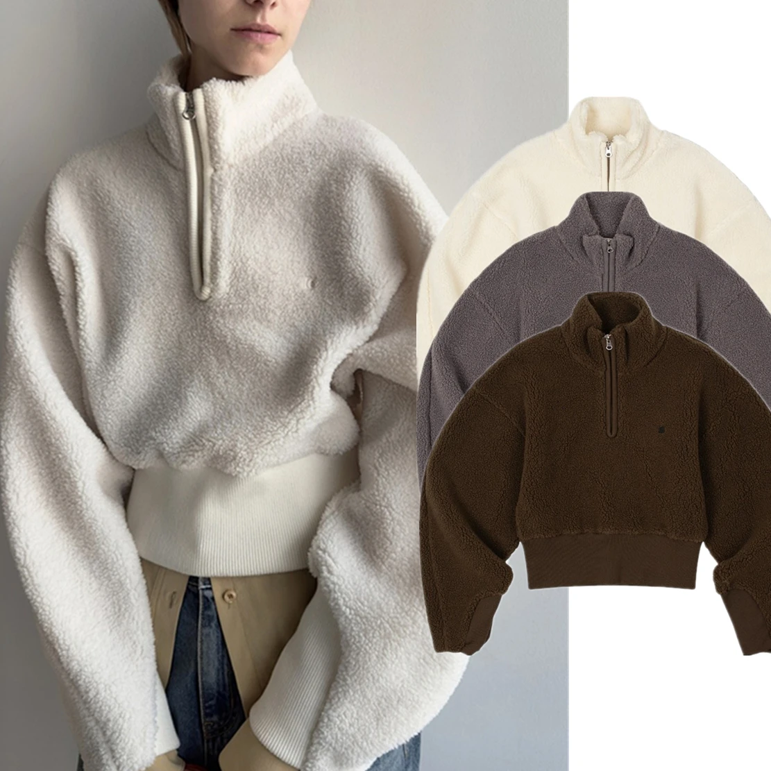 Dave&Di High Street Fleece Sweater Plush Hooded Autumn/Winter Casual Half Zipper Simple TurtleNeck Short Sweatshirt Women Top