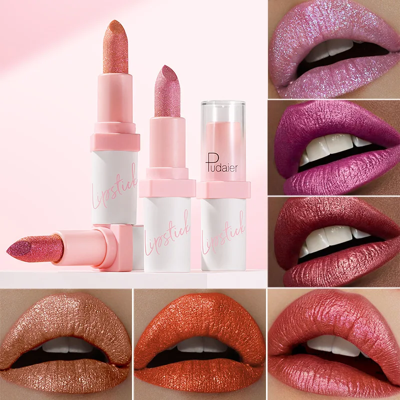 Lápiz labial Glitter Shine Pearl, cosmética labial metálica de larga duración, resistente al agua en rosa brillante, lápiz labial de belleza, para fiestas