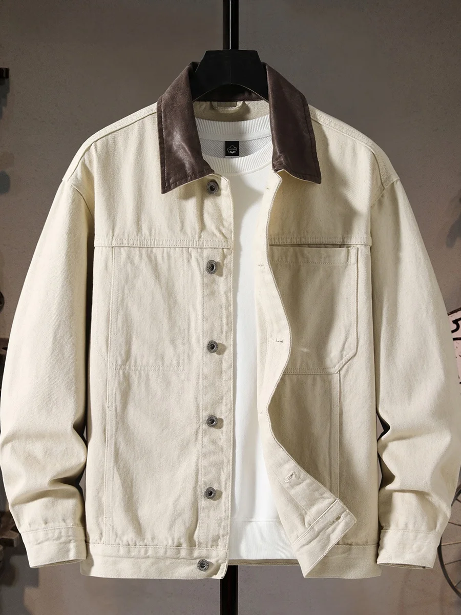 

Classic American Retro Workwear Denim Jaet Men's Loose Trendy Pure Cotton Casual Outerwear Long Sve Button up Coat