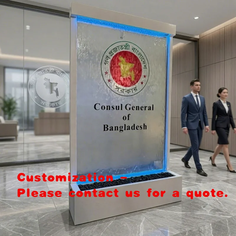custom.Modern Indoor Floor Standing Stainless Steel Wall Fountain Multi-Functional Decorative Glass Waterfall Screen Parti