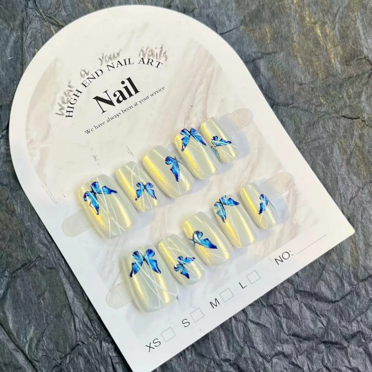 Short Pearl White Cat Eyes False Nails 10pcs Wearable Press on Nails Full Cover Blue Butterfly Design Ballet Artificial Nail Tip