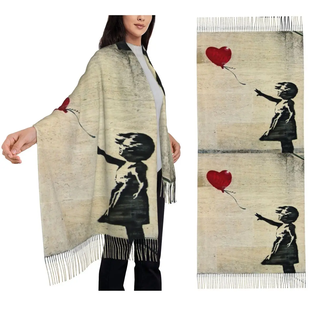 

Бэнкси's Girl With A Red Balloon III Шарф Шарфы с кисточками Женские мягкие теплые шали и накидки Большая осенне-зимняя шаль