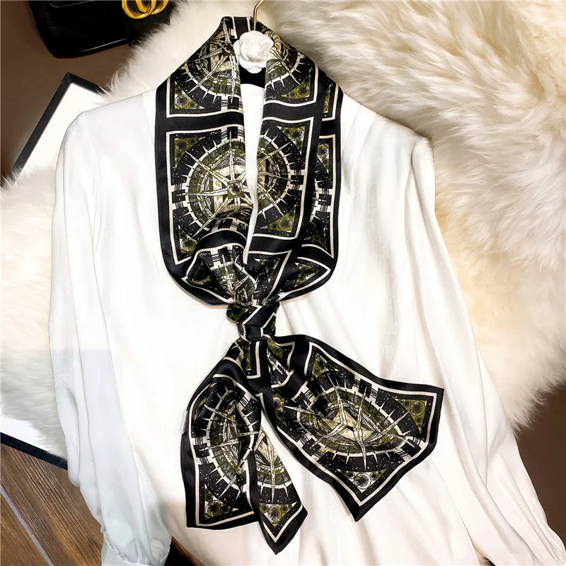 

100% Real Silk 2023 Women Satin Headband Print Luxury Hair Hand Bag Wirst Foulard Female Neck Tie Bandana Kerchief Ribbon