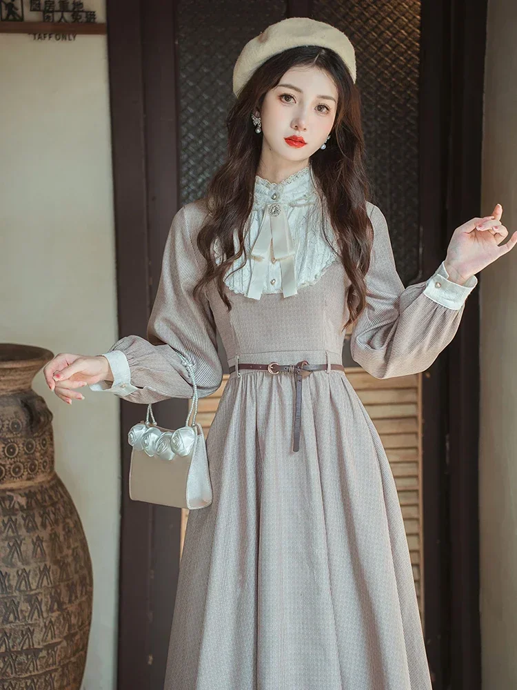 French Literary Vintage Dresses for Women Long Sleeve Autumn Lace Bow Cute Sweet Vestidos Court Style Retro Elegant Dress+Belt