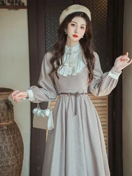 Abiti Vintage letterari francesi per le donne manica lunga autunno fiocco in pizzo carino dolce abiti stile corte abito elegante retrò + cintura