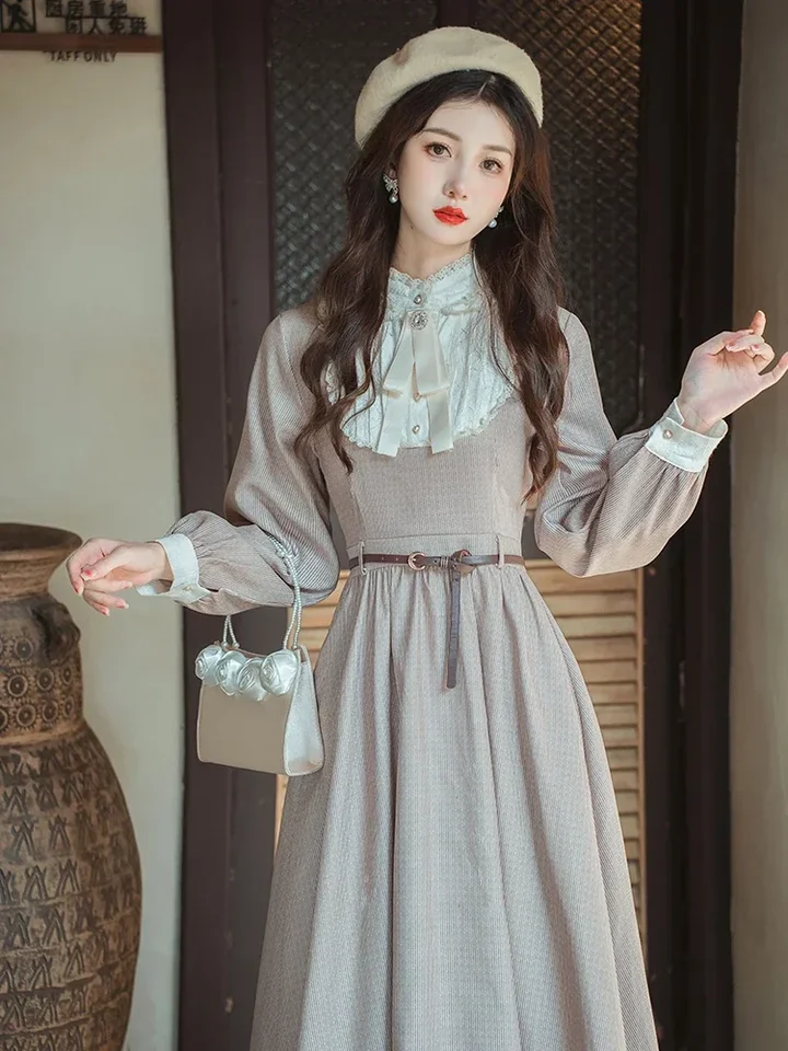 French Literary Vintage Dresses for Women Long Sleeve Autumn Lace