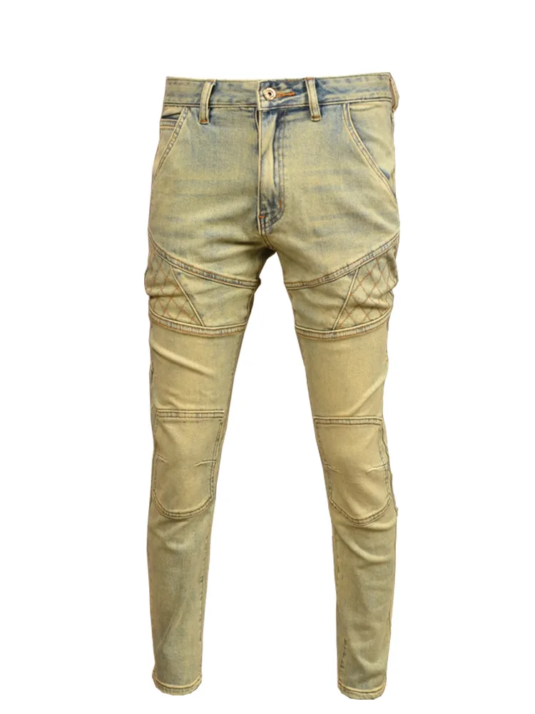 Yellow Mud Color Motorcycle Jeans Men's Stretch Slim Fit Skinny Ruan Handsome Casual Retro Distressed Stitching Men's Pants
