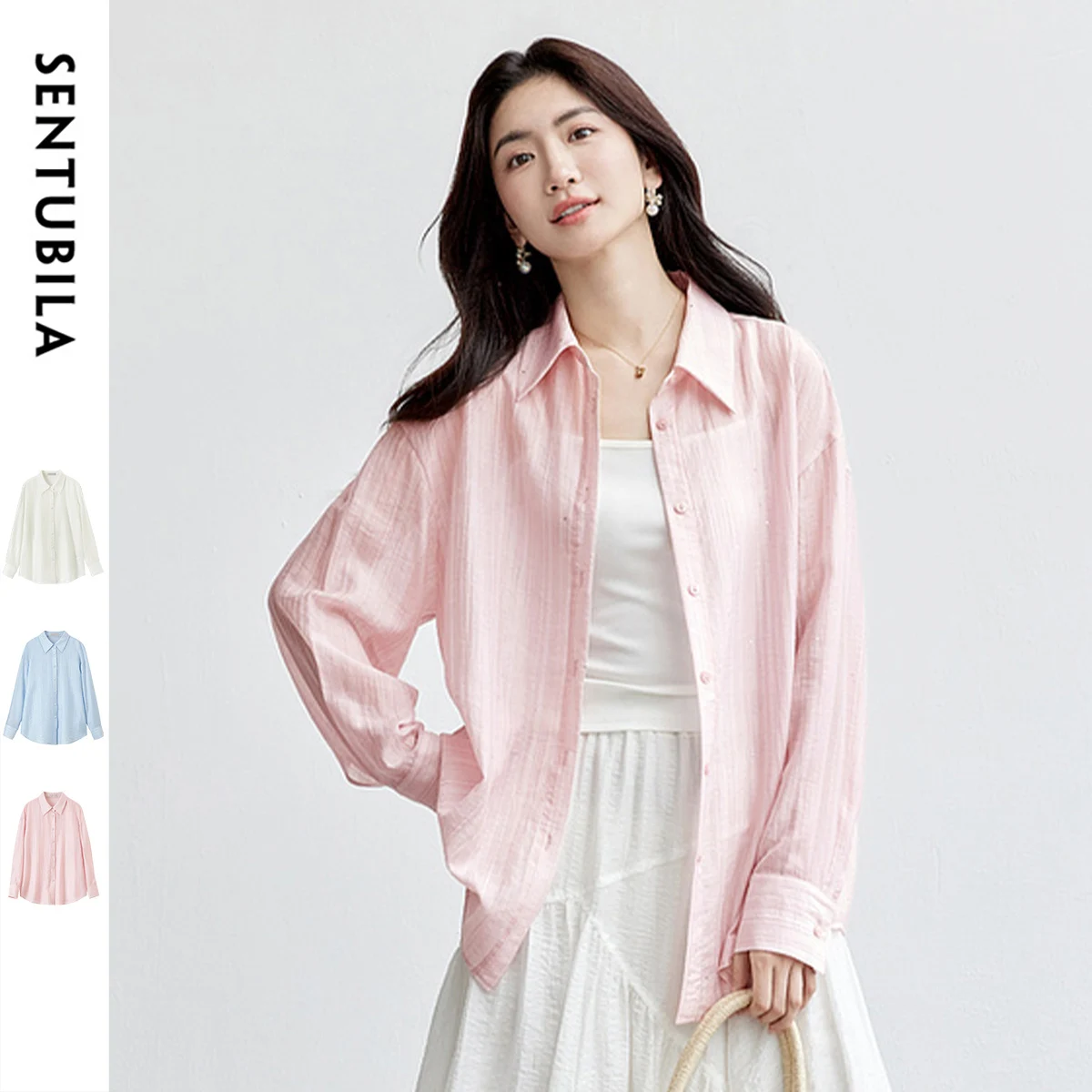 

SENTUBILA Women Sunscreen Shirt Lyocell 2025 Sequined Loose Outerwear Blouse Loose Drape Breathable Summer Long Sleeve151C57974