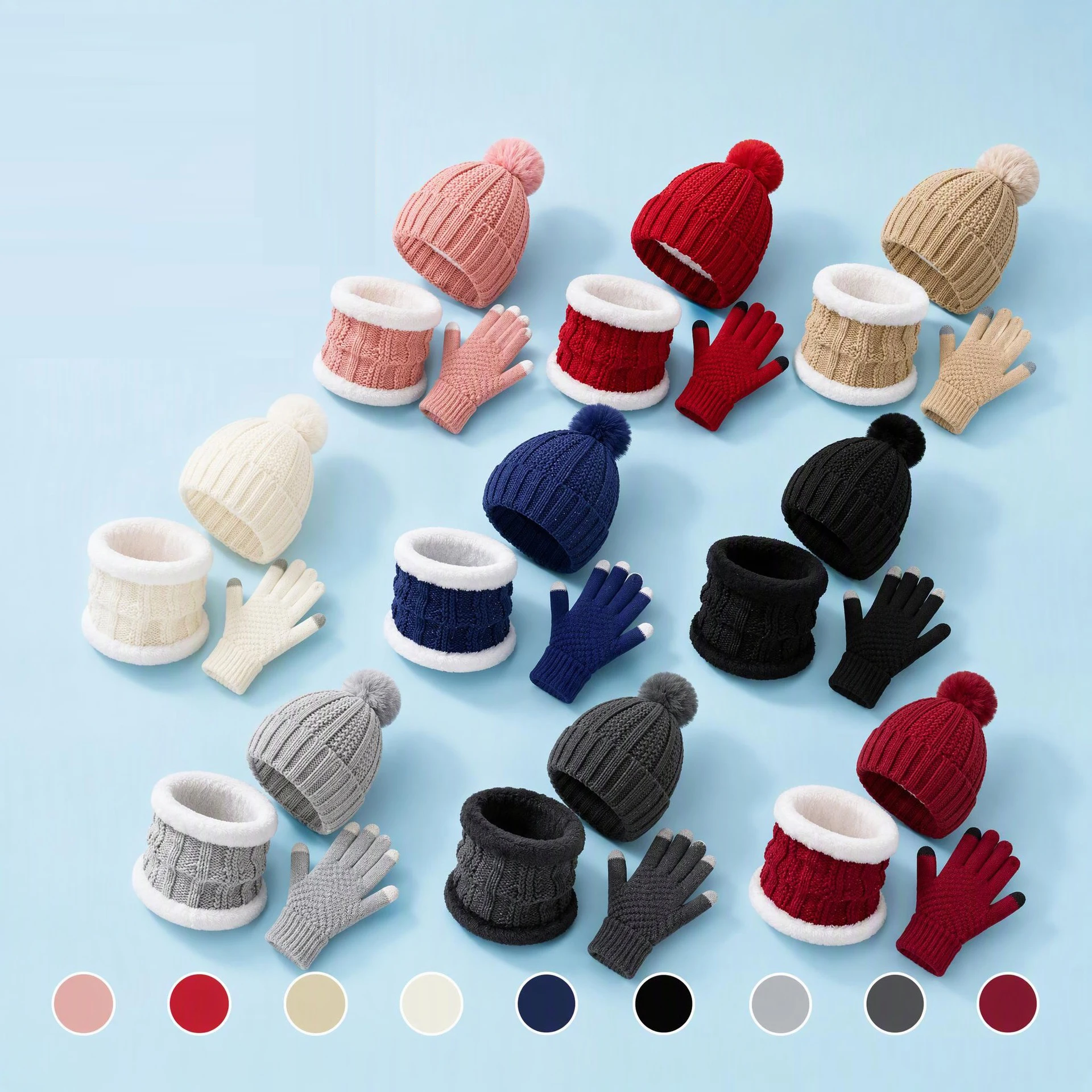 Unisex Winter Pom Pom Knit Beanie Neck Gaiter Gloves Set Thick Fleece Lined Cold Resistant Ski Riding Warm Accessories