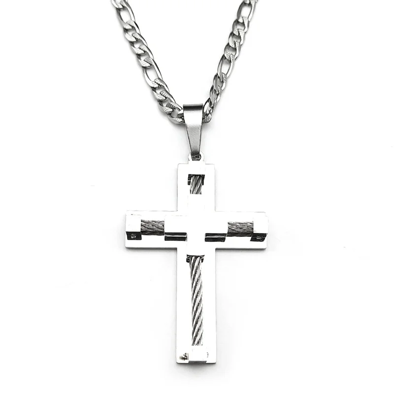 مزدوجة يسوع الصليب قلادة قلادة للنساء الرجال الفولاذ المقاوم للصدأ كريستين فضي اللون الهيب هوب سلسلة الإيمان مجوهرات هدية #5