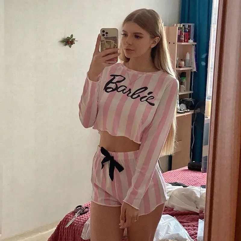 New Barbie Fashion Girl Long Sleeve T-Shirts Summer Outdoor Sport Sun Protection Tops Shorts Ladies Pajamas Set Women's Clothing