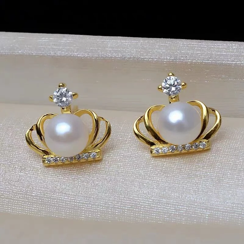 Coronation of Love Crown Earrings Natural Freshwater Pearl Earrings Romantic Hollow Out Design Sterling Silver Ear Stick Jewelry