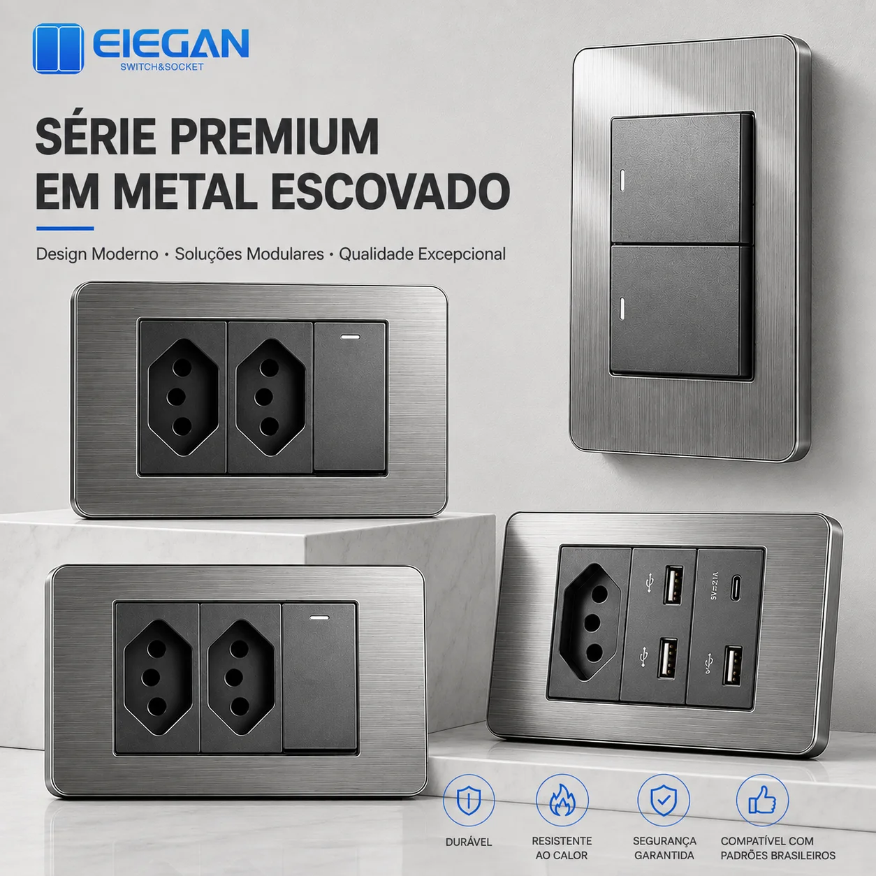 ELEGAN Stainless Steel Panel Wall Switch Socket 10A 20A Modular Outlet USB A+C Fast Charging Brazilian Standard Wall socket Grey