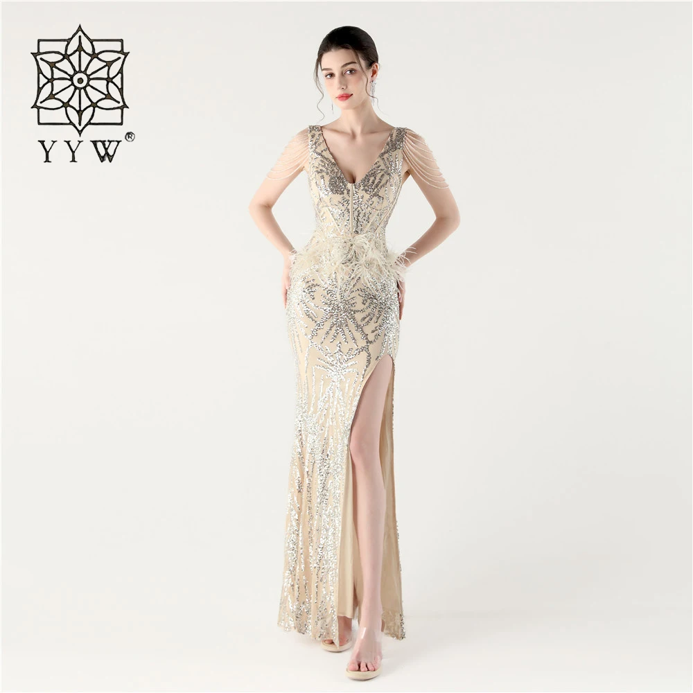 

Luxury Evening Dresses 2025 Elegant Prom Wedding Party Dress Mermaid Sequin V-Neck Sexy Split Long Prom Gown Women Formal Dress