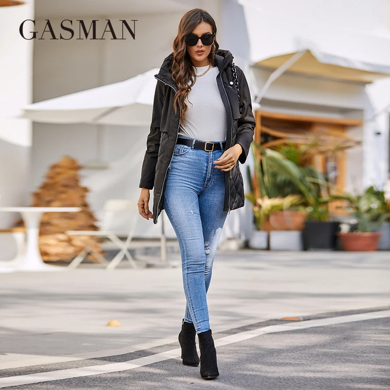 GASMAN New women\'s jacket spring 2022 High-Quality Mid-Length  Women coat Stitching Hooded Design Windproof Casual parkas 8226