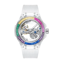 HANBORO Transparent Mechanical Watches For Women Diamond Skeleton Lady Watch Automatic Sapphire Original Design Zegarki Damskie