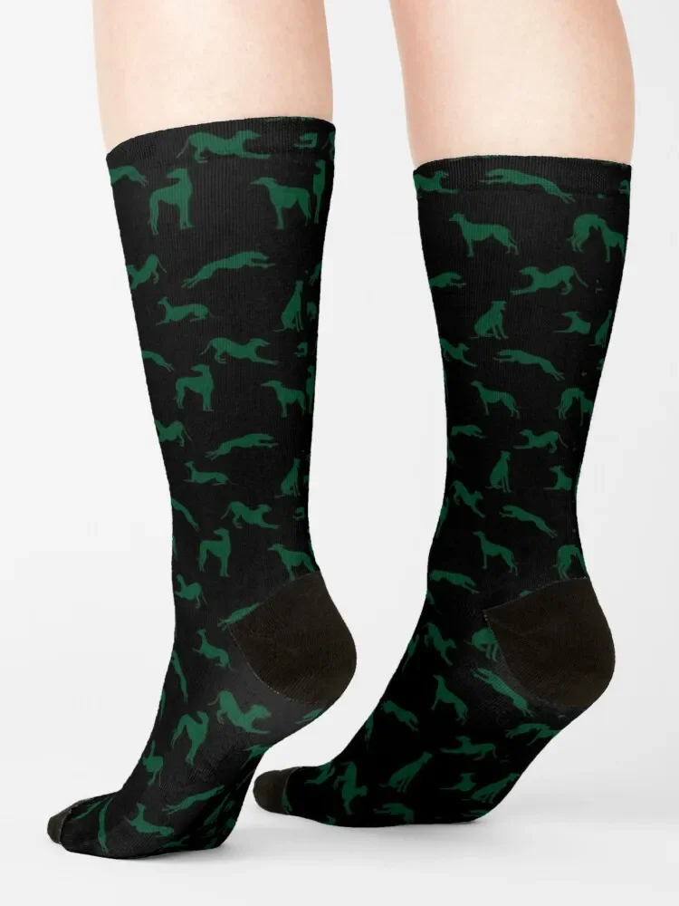 Greyhound Silhouettes - Green on Black Socks designer man FASHION Designer Man Socks Women's