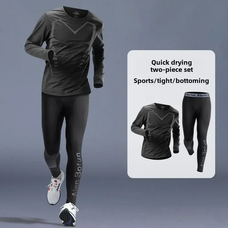 

Men's thermal underwear set long sleeved fitness basketball high elasticity breathable training pants men's sports set