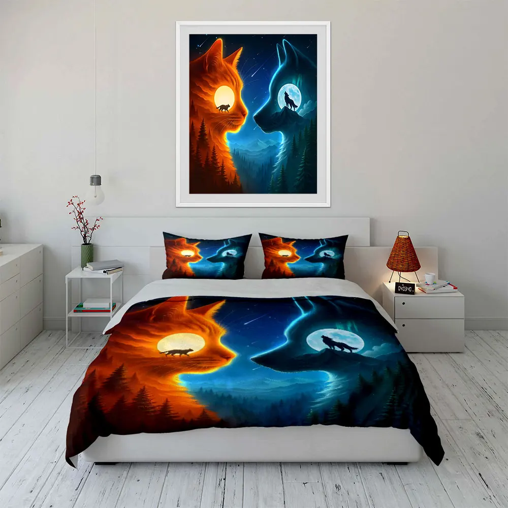 Cat and Wolf's Day-Night Stare Bedding Set for Kids Luxury Gift 3pcs Digital Print Comforter Set Soft Comfortable Breathable