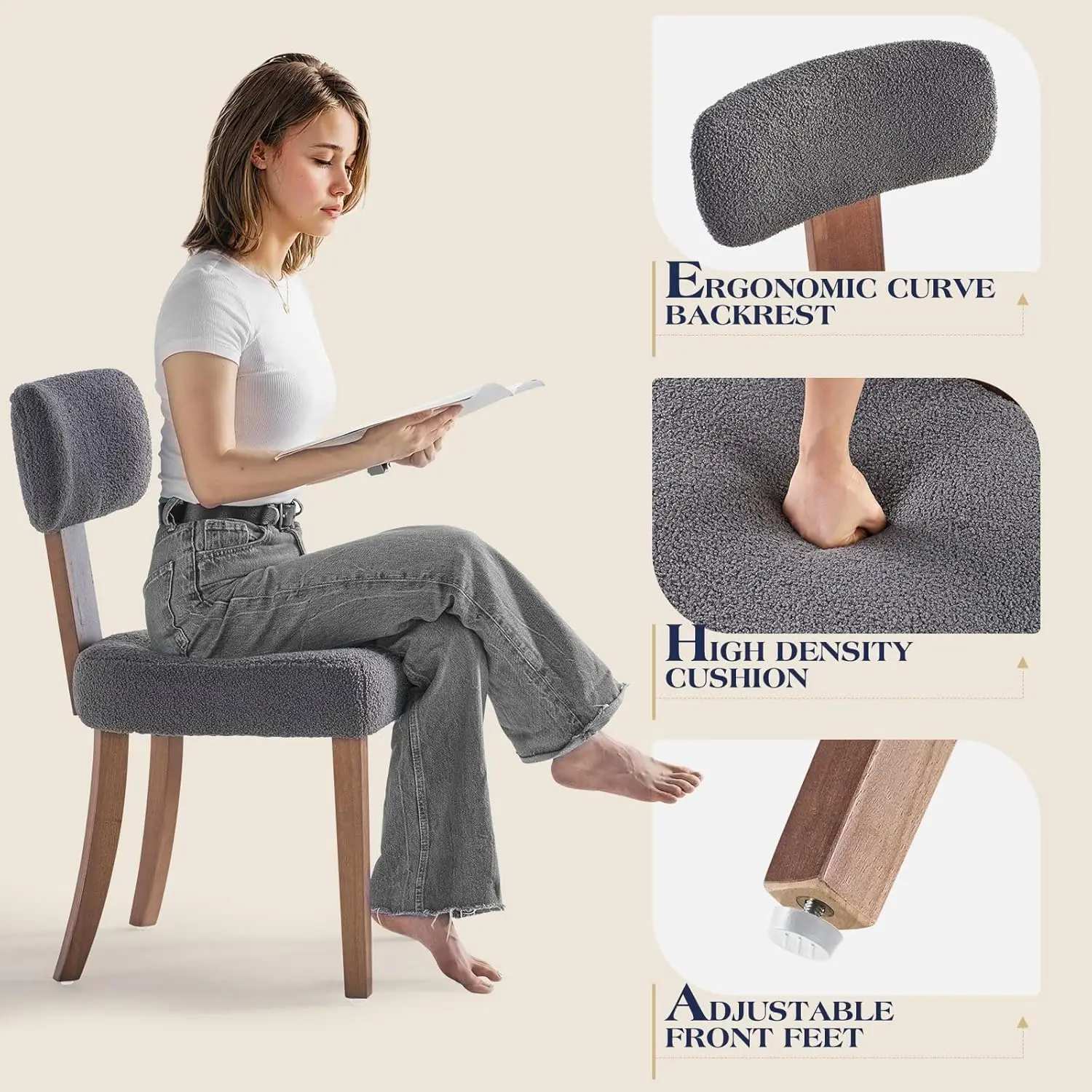 Mid Century Modern Dining Chairs Set Of 2, Sherpa Upholstered Kitchen Chairs With Curved Backrest & Adjustable Legs For Living