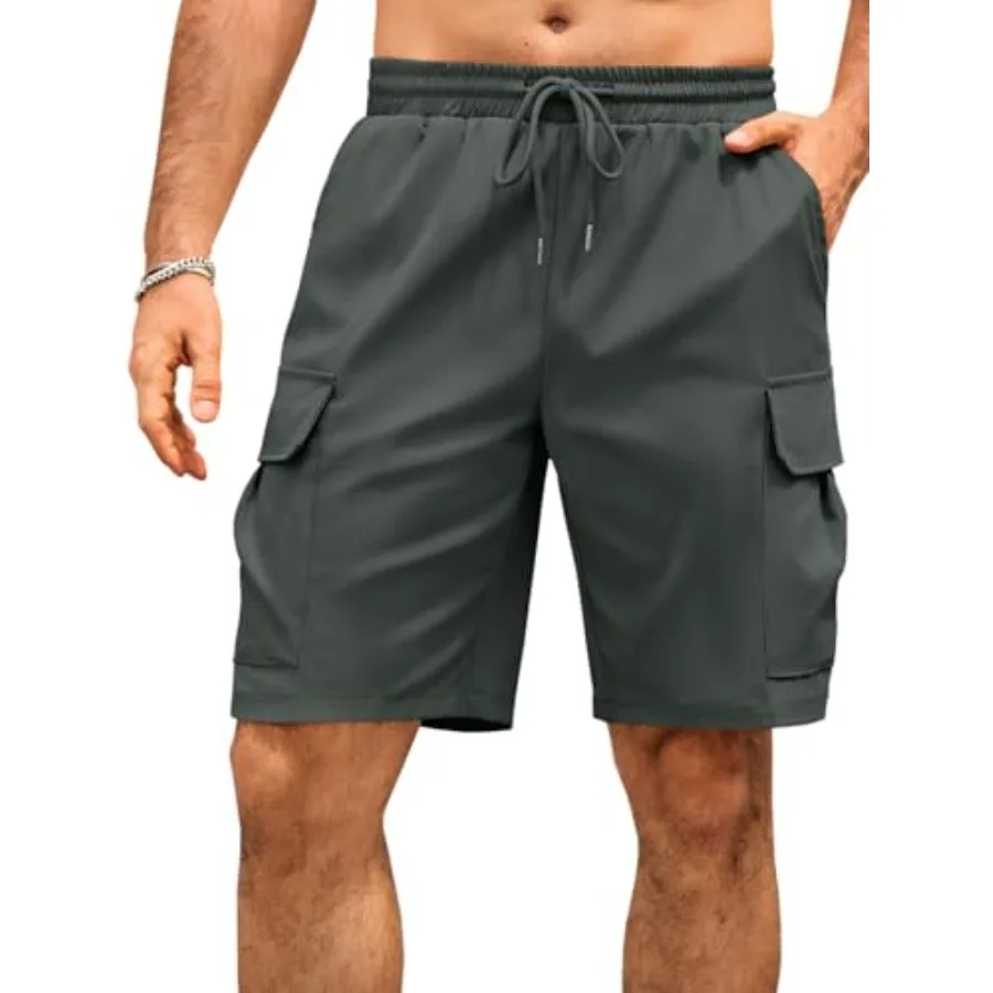 

Runcati Mens Cargo Shorts Elastic Waist Drawstring Lightweight Shorts Summer Hiking Casual Shorts with Pockets No Lining